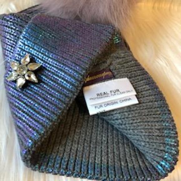 Metallic Knit & Fox Fur PomPom Hat main image 10